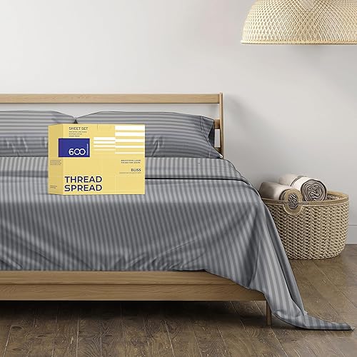 Vista 55 de THREAD SPREAD Hotel Collection - Juego de sábanas de 600 hilos de algodón egipcio, satinado, 4 piezas, Blanco, King