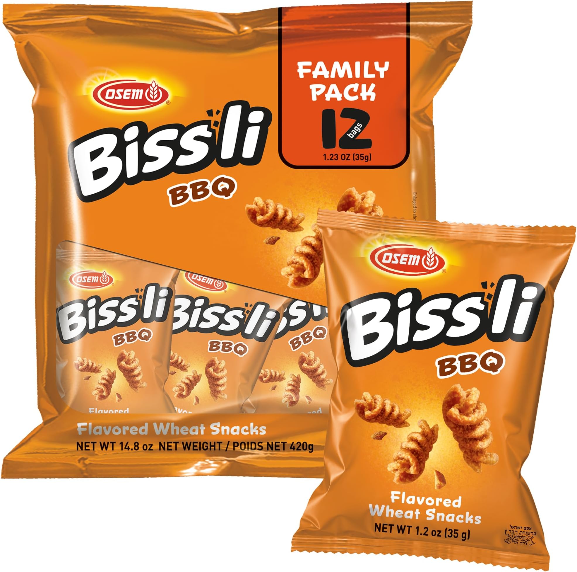 Osem Bissli Crunchy BBQ Wheat Snack - Kosher, No Artificial Colors or Preservatives, Conveniently Packaged for On the Go Snacking, Lunch, and Parties - 1.23oz Bags (Pack of 12)