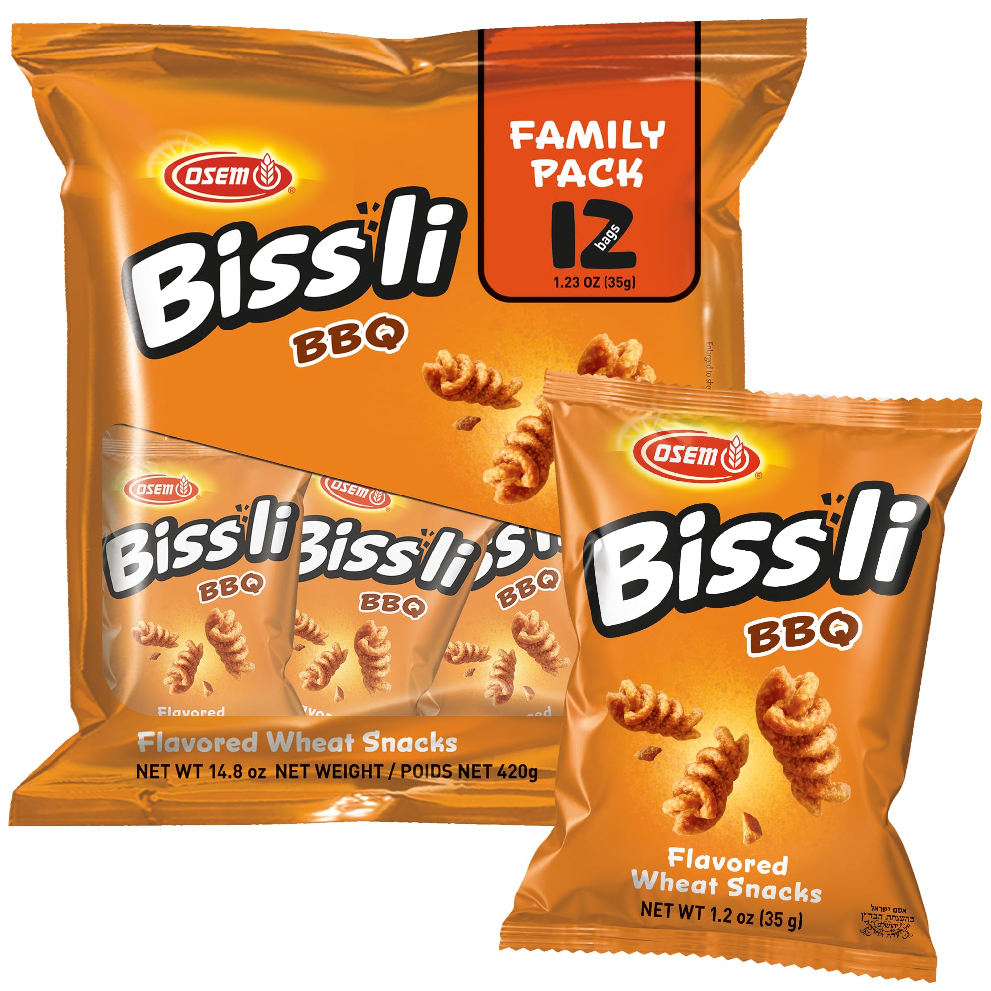 Osem Bissli Crunchy BBQ Wheat Snack - Kosher, No Artificial Colors or Preservatives, Conveniently Packaged for On the Go Snacking, Lunch, and Parties - 1.23oz Bags (Pack of 12)