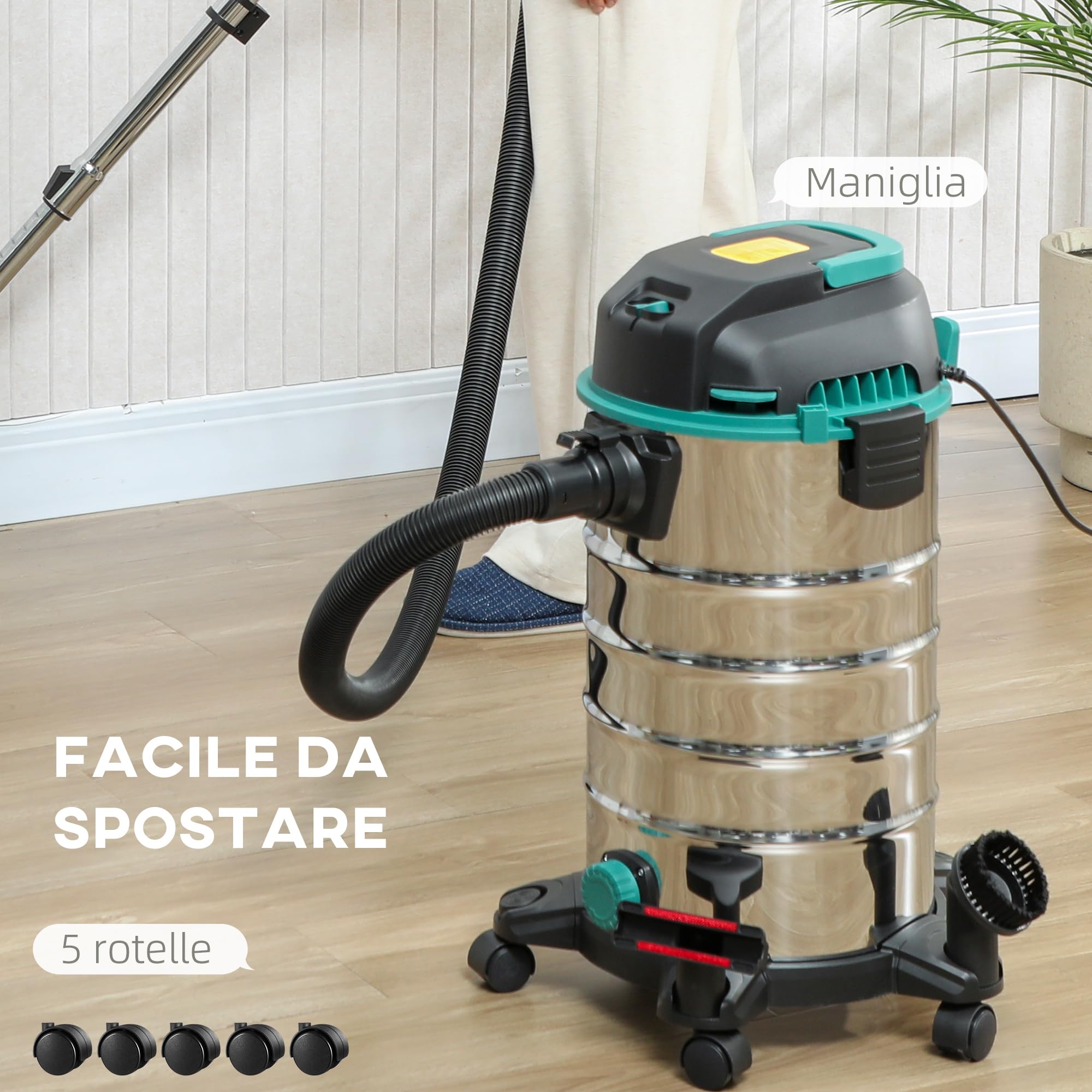 HOMCOM Aspirapolvere 3 in 1 da 1400W, 22kPa Aspirasolidi e Liquidi e Soffiatore, Bidone Aspiratutto da 30L in Acciaio Inox, Triplo Filtro con HEPA, Raggio di Pulizia 6m e Accessori, per Casa, Garage