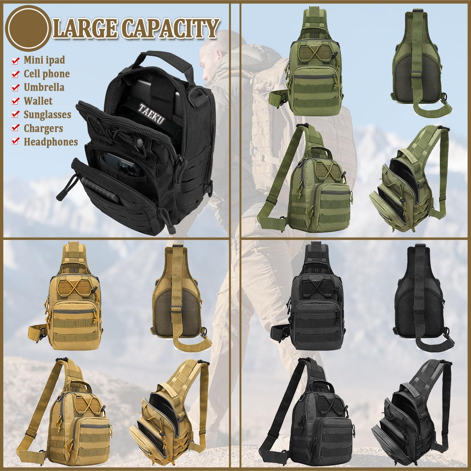Tactical Sling Bag, Outdoor Durable Military Shoulder Chest Pack EDC Crossbody Daypack for Traveling Trekking (Black) - Image 3