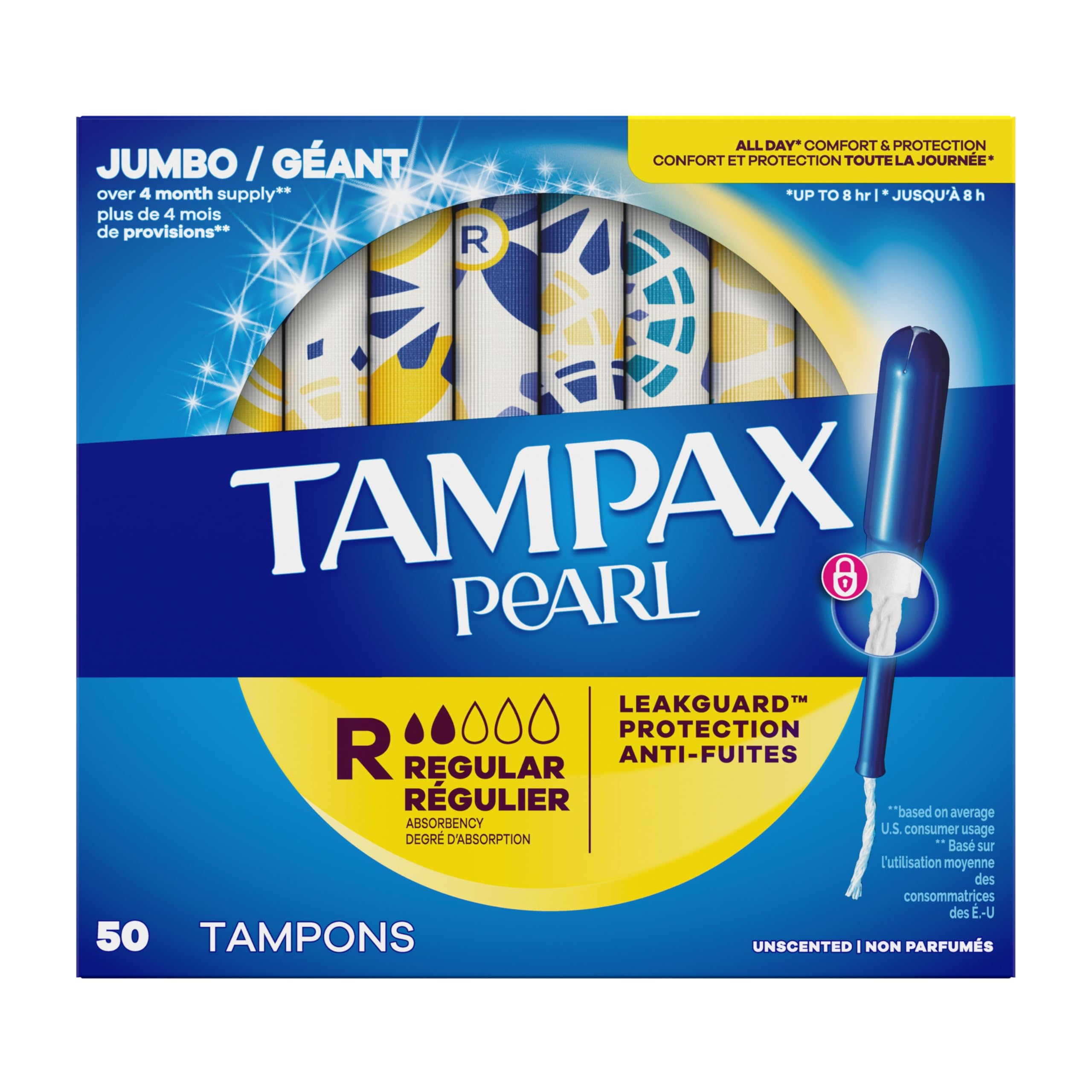Tampax Pearl Tampons for Women, with LeakGuard Braid, Regular Absorbency, Unscented, 50 Count