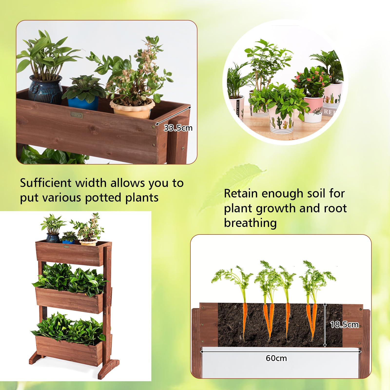 HOMASIS Jardinera de Madera de 3 Niveles, Maceta Ajustable, Escalera para Flores con Orificio de Drenaje, Material de Abeto, estantería Multiuso para jardín, balcón Decorativas, 71x38x105cm, marrón