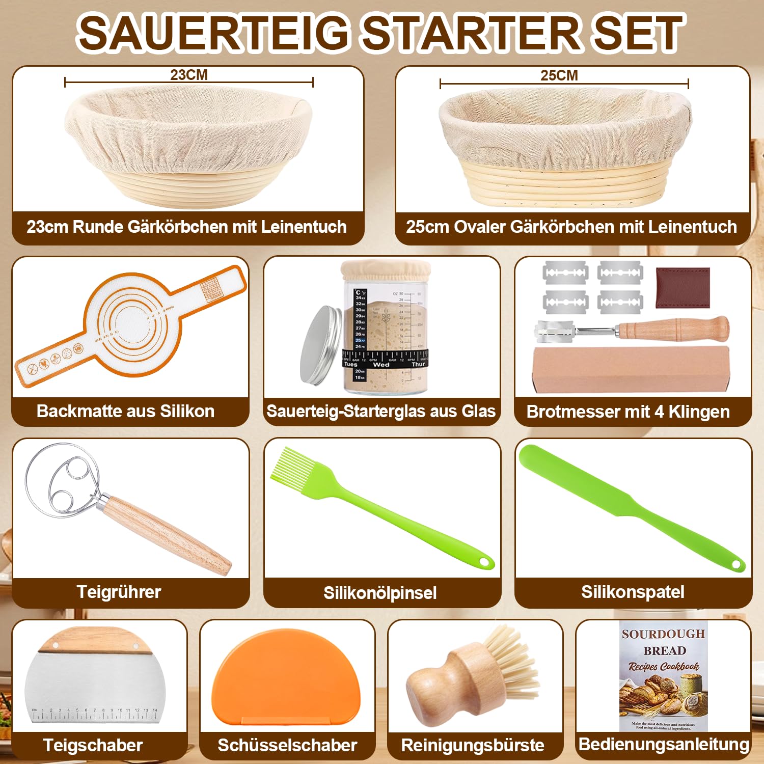 Komplettes Gärkörbchen Sauerteig Starter Set, 2 Gärkorb (25cm Ovale & 23cm Runde), 900ML Sauerteig Glas Set, Brotbackzubehör kit, Brot Backen Zubehör für Anfänger, Erfahrener Bäcker