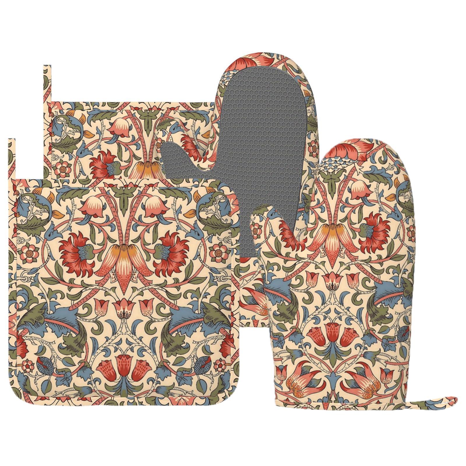 Lot de 4 maniques et maniques rustiques beiges, bleues et roses, style rétro, exotiques, ethniques, résistantes à la chaleur, motif floral lotus pour cuisine, pâtisserie, barbecue, barbecue