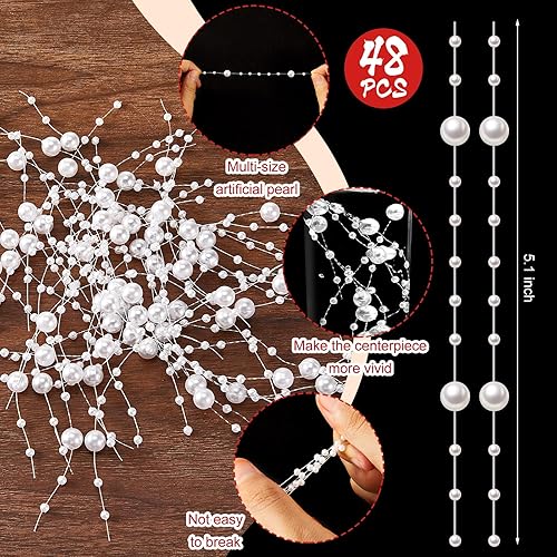 Miniatura 3 de 48 piezas de perlas artificiales para velas flotantes centros de mesa de 5.1 pulgadas, cuerdas de perlas sintéticas para rellenos de jarrones,