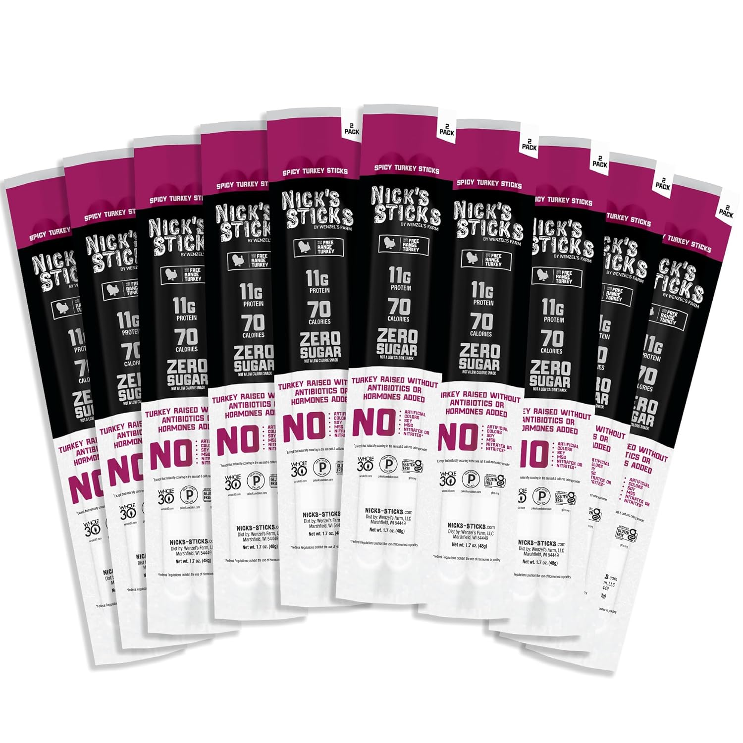 Nick's Sticks Clean & Balanced Spicy Free Range Turkey Snack Sticks | Made in the USA | Gluten Free | Paleo | Keto | Whole30 Approved |No Soy, Antibiotics or Hormones (10-1.7 oz. Packages of 2 Sticks)