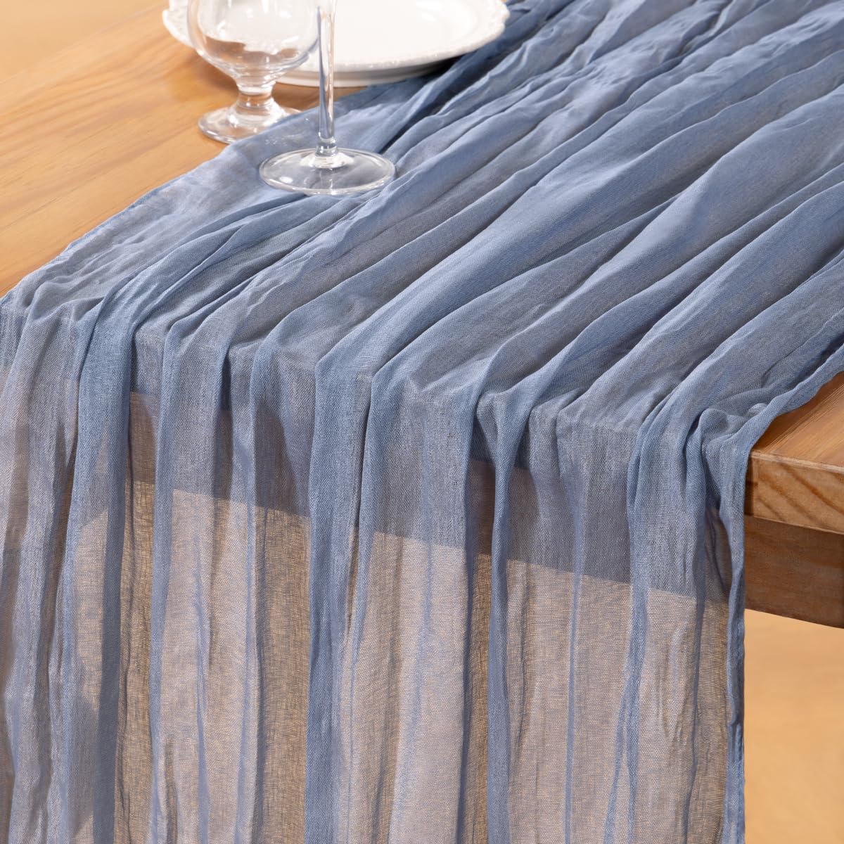 Photo 1 of DeZerlor Dusty Blue Cheesecloth Table Runner 1 Pack Summer Boho Runner