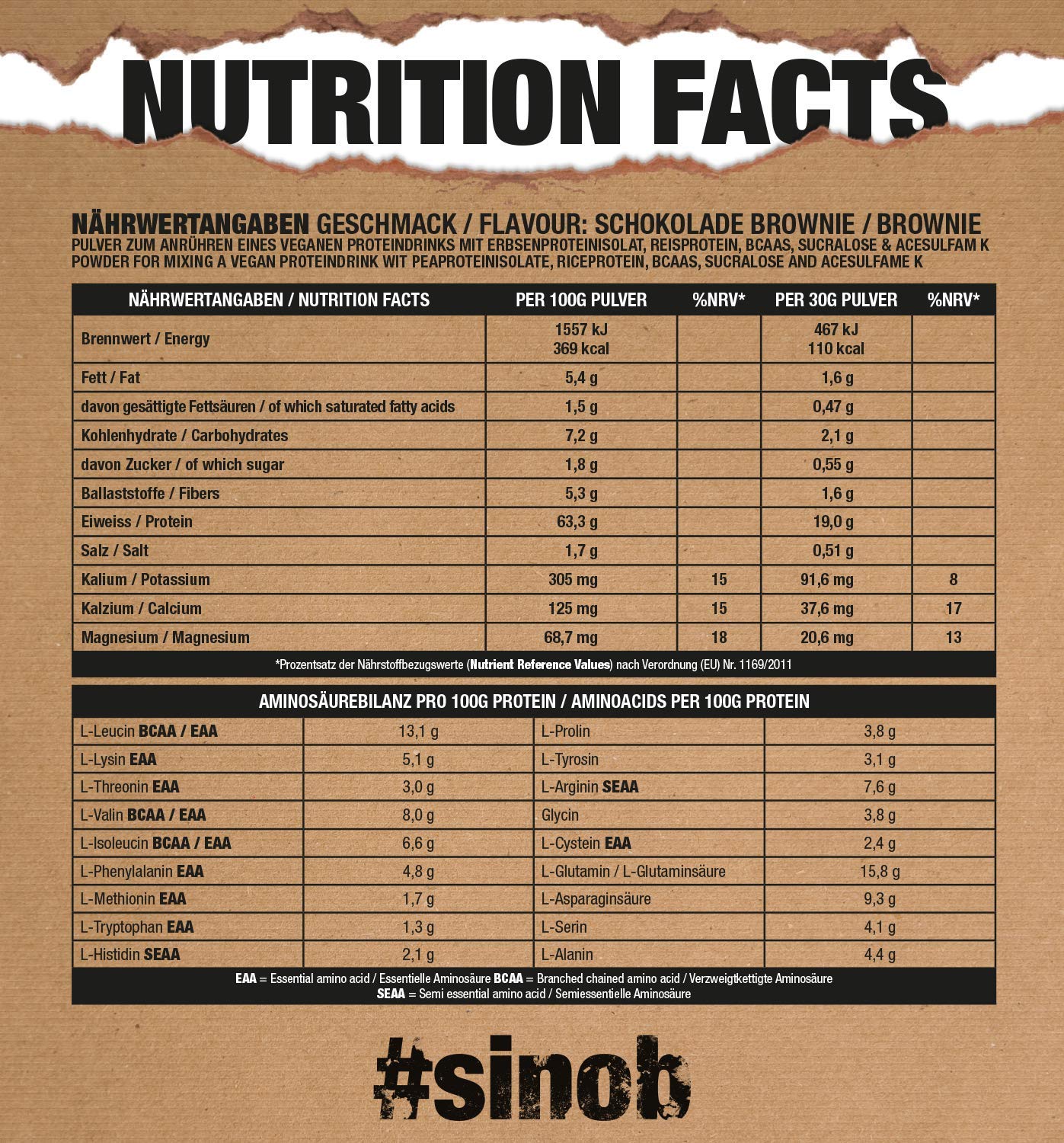 sinob Veggy+ (Brownie al Cioccolato) Polvere di Proteine Vegane a Base di Proteine in Polvere di Riso e Piselli + BCAA. 1 x 900 g