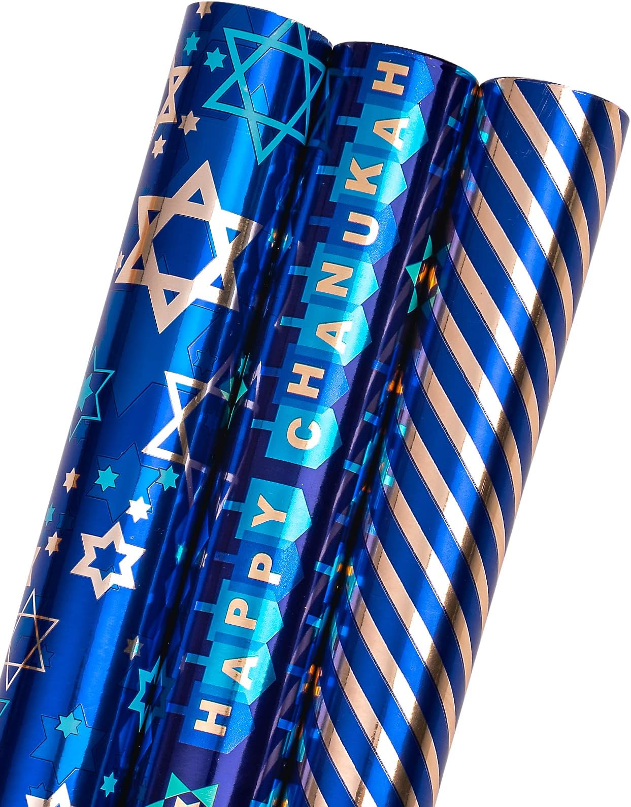 MAYPLUSS Wrapping Paper Roll - Mini Roll 17in *120in Per roll 3 Rolls Gift Wrapping Paper Hanukkah Design,Menorahs, Star of David, Letter Hanukkah for Chanukah Celebration (42.3 sq.ft.ttl)