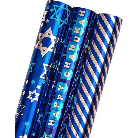 Izzy 'n' Dizzy Hanukkah Wrapping Paper - Extra Wide 30x144 Inch Blue & White Design