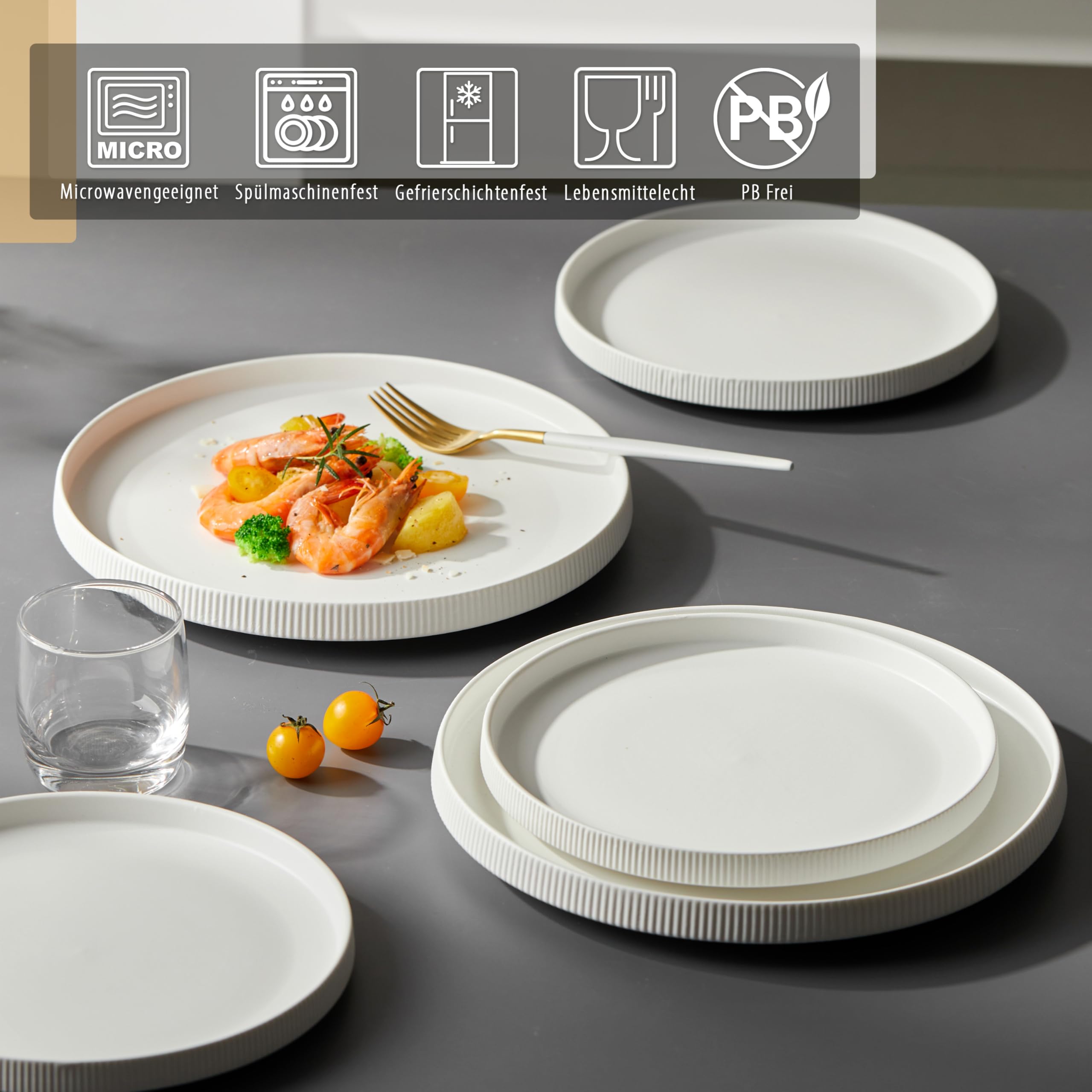 Jiwoo Geschirrset & Tafelservice 12 tlg für 4 Personen Bone China | Modern Bone China – 4 Speiseteller, 4 Dessertteller & 4 Schüsseln, leicht, robust, mikrowellen- & spülmaschinengeeignet
