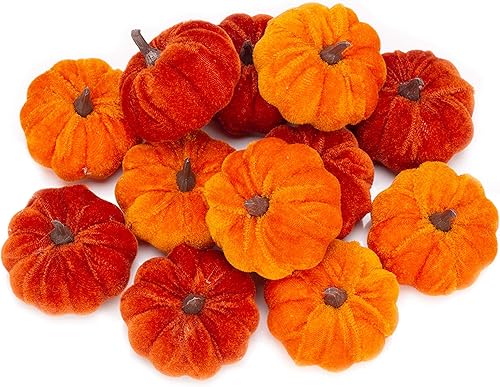 12 calabazas artificiales de terciopelo naranja, decoraciones de otoño, decoraciones de casa de campo, decoraciones de Acción de Gracias para el