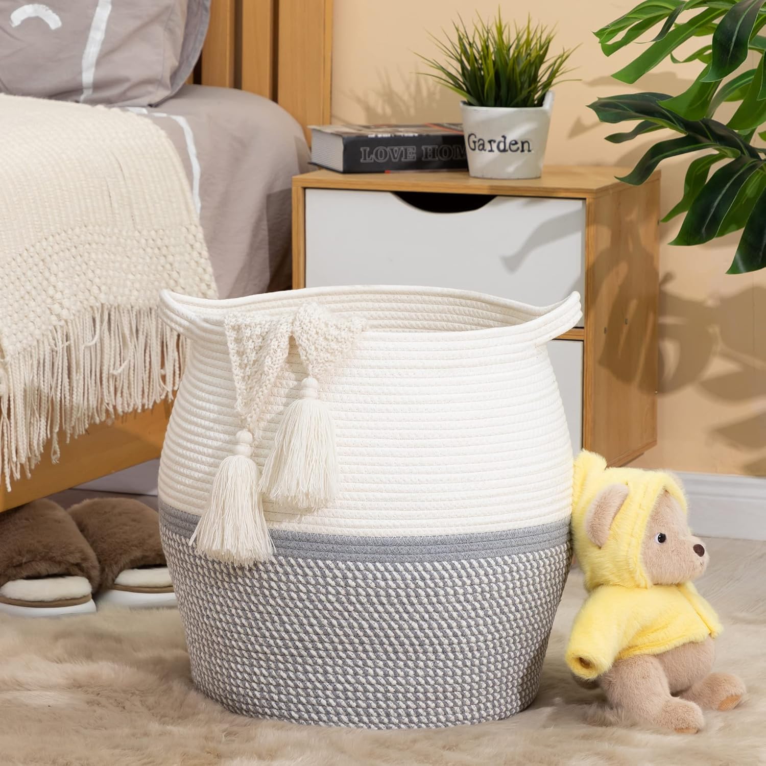 KAKAMAY Woven Baskets for Storage(17"x17"),Large Cotton Rope Woven Baby Laundry Hamper,Collapsible Laundry Basket, Blanket Basket for Organizing Living Room,Nursery,Pillows,Toy Chest(Grey) - Image 3