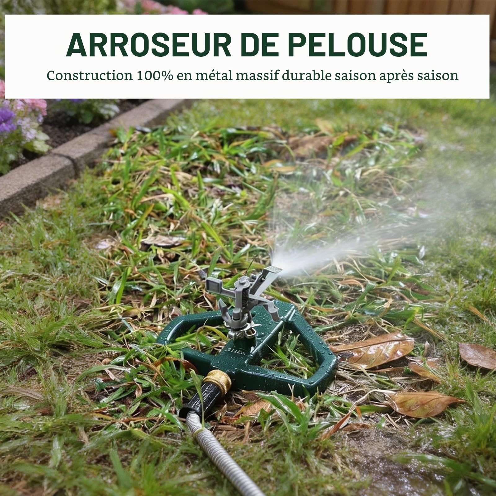 Arroseur Jardin avec Base Métallique, Arroseur Rotatif Automatique à 360°, Arroseur à Impulsions pour Grandes Surfaces, Asperseur Arrosage pour Pelouse, Cour et Arrosage de l'herbe (Argenté)