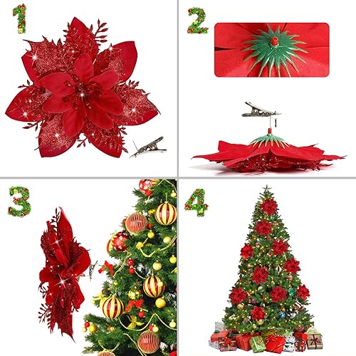 Miniatura 3 de Childom 15 piezas de flores de pascua artificiales azules con clips, decoraciones de Navidad, flores de pascua con purpurina, adornos de Navidad