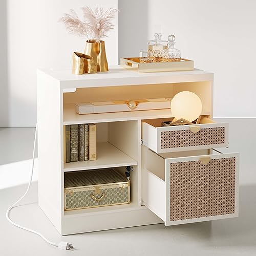 Archivador lateral de ratán de 2 cajones, archivador de madera para oficina en casa con cerradura, tira de alimentación y estantes de