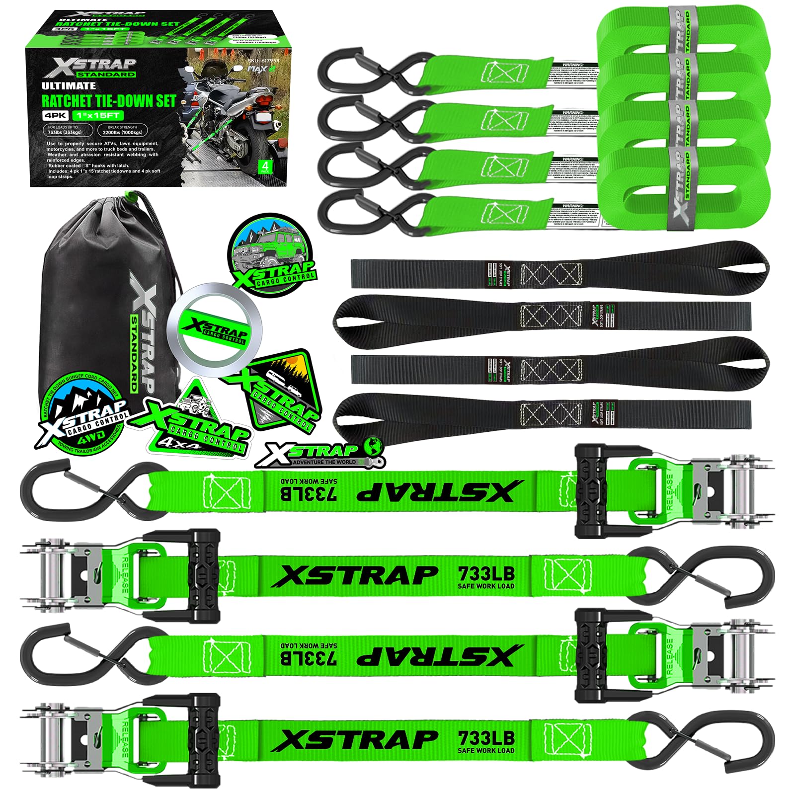 XSTRAP STANDARD 4PK Motorcycle Tie Down Straps - 1" x 15ft, 2,200lb Break Strength, Soft Loop Straps with Safety Lock S Hooks, Black Loops & Stickers, for Moving, Trucks, Cargo, Lawn Equipment, Green