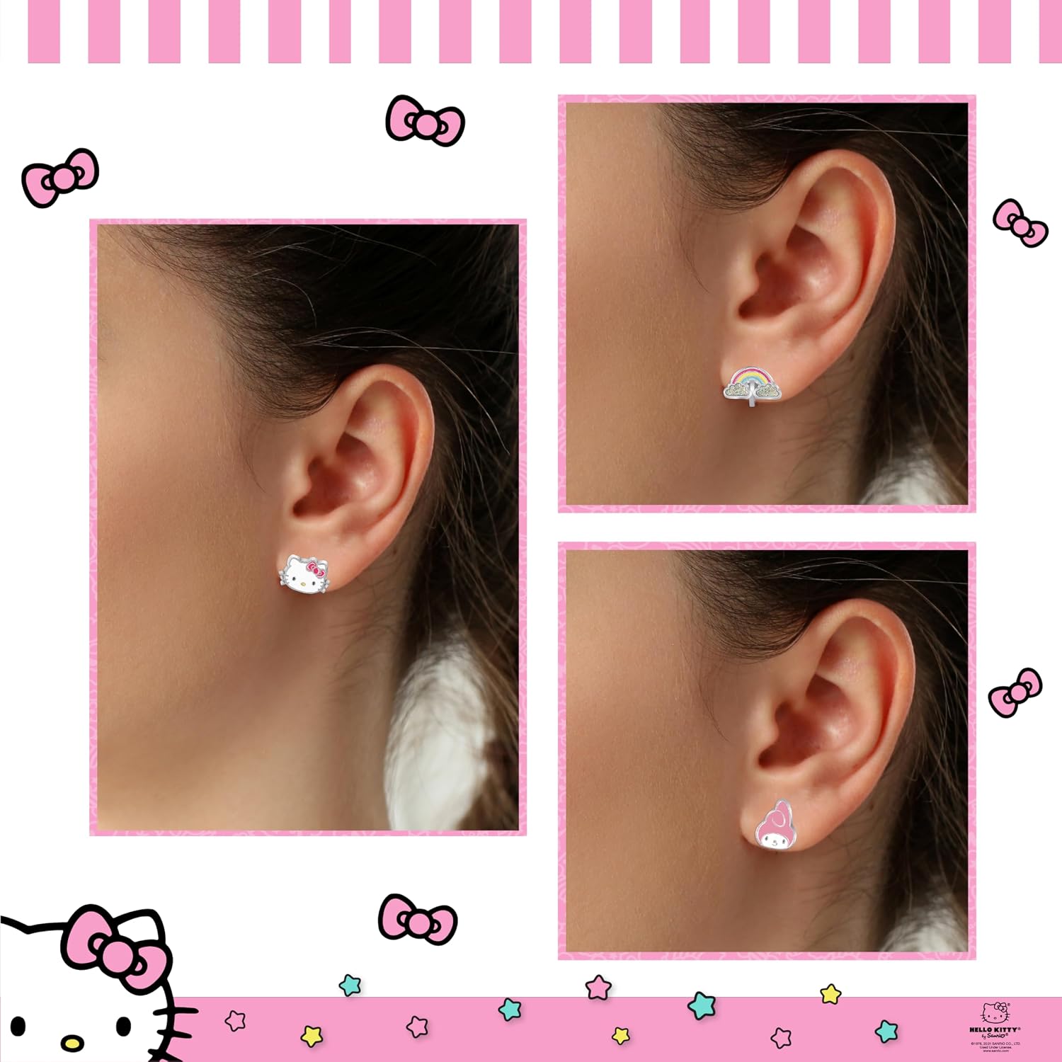 Sanrio Hello Kitty and Friends Clip On Earrings 3-Pack Official License - Rainbow, My Melody and Hello Kitty Earrings