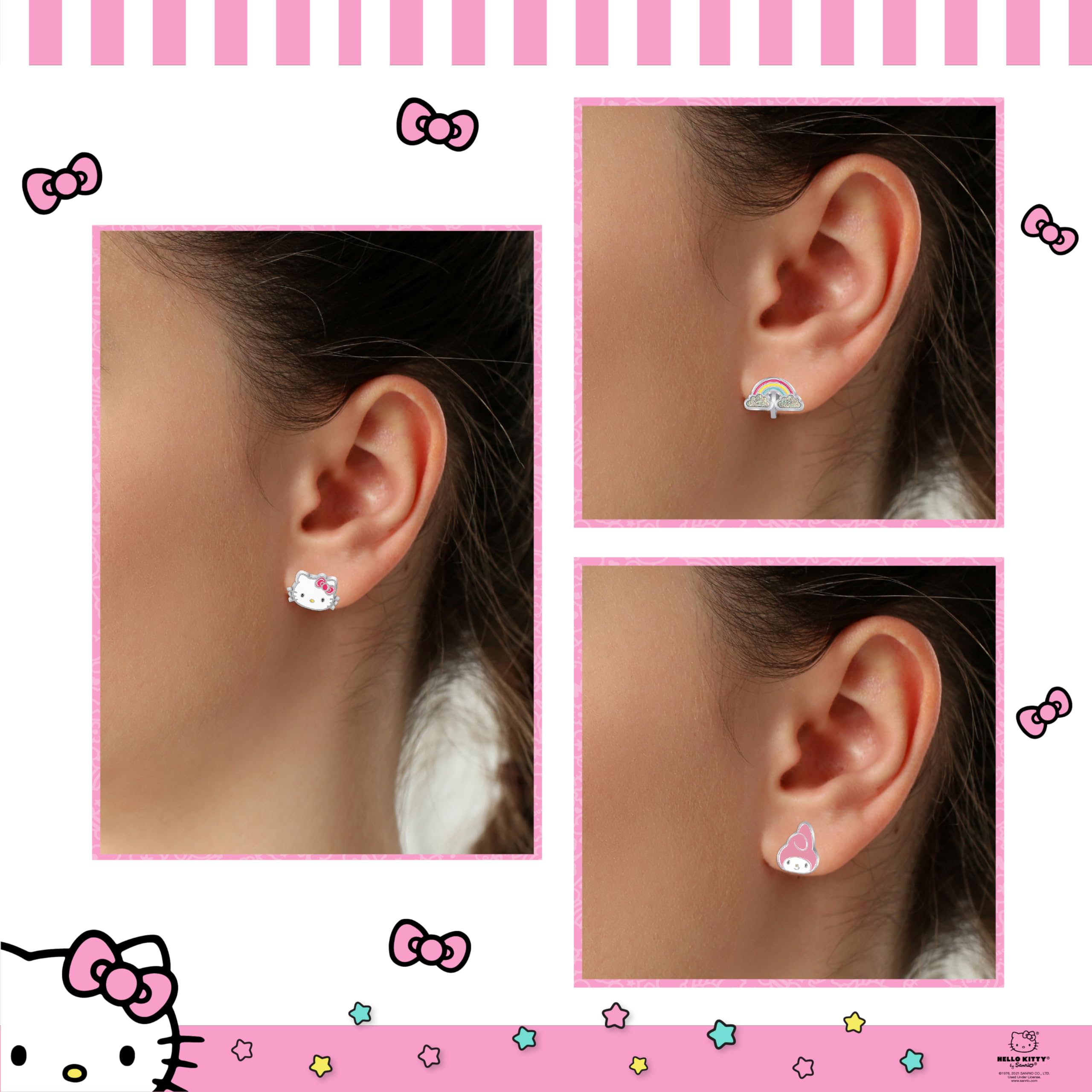 Sanrio Hello Kitty and Friends Clip On Earrings 3-Pack Official License - Rainbow, My Melody and Hello Kitty Earrings