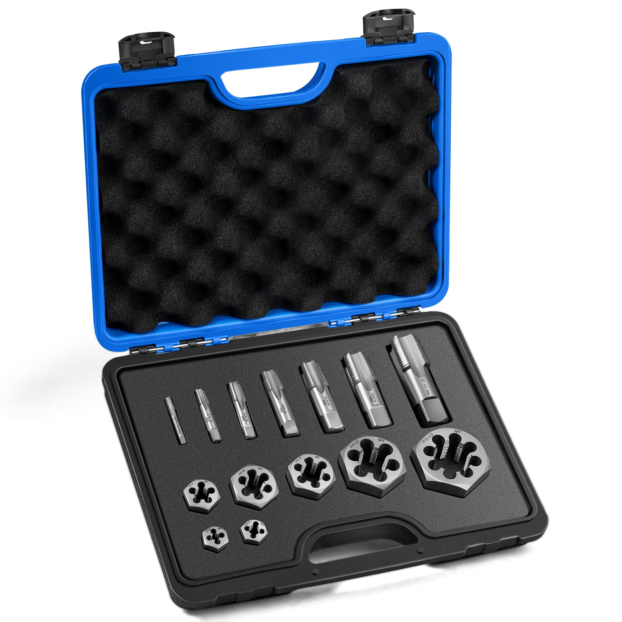 NPT Pipe Tap and Die Set, Hex Die Set 1/16", 1/8", 1/4", 3/8", 1/2", 3/4" and 1", 15pcs High Speed Steel Taps Carbon Steel Dies