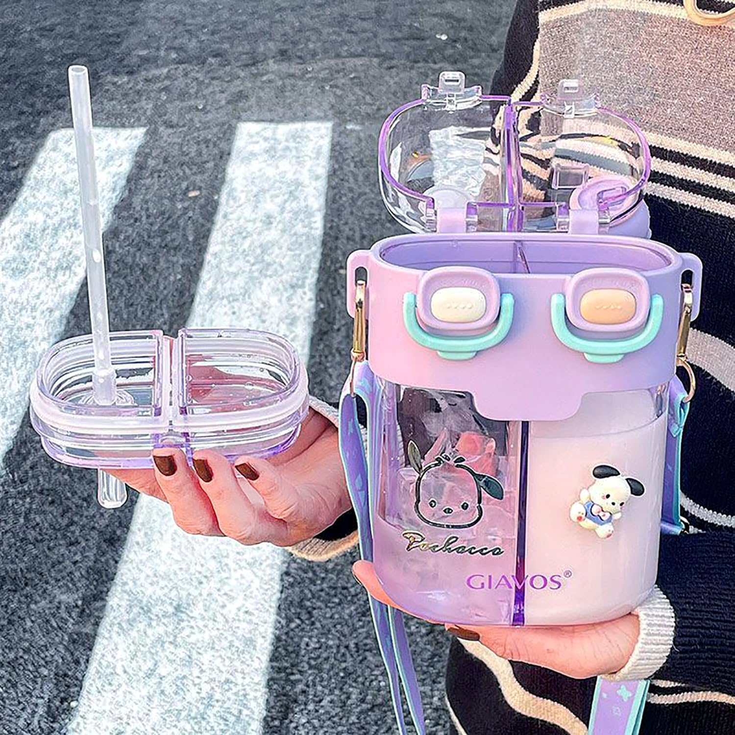 TourKing 26oz Kawaii Water Bottle With Strap, Split Cups For Drinks Dual Compartment, Double-Sided Leakproof Design, Fountain Straw & Portable For Travel Sports (Purple) (purple) - Image 6