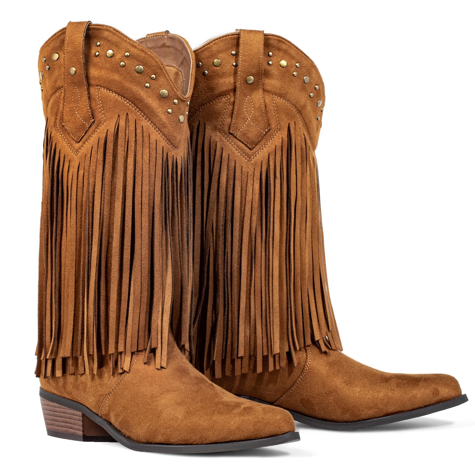 Fringe Cowboy Boots for Women Wide Calf - Tassel Studded Accents Faux Suede Leather Country Hippie Cowgirl Boots