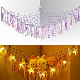 Stuffed Animal Net or Hammock with LED Light BestMal Boho Hanging Storage Net for Stuffed Animals Corner Plush Toys Organizer Doll Holder for Kids Girls Baby Nursery Bedroom Room Decor Decoration Nets