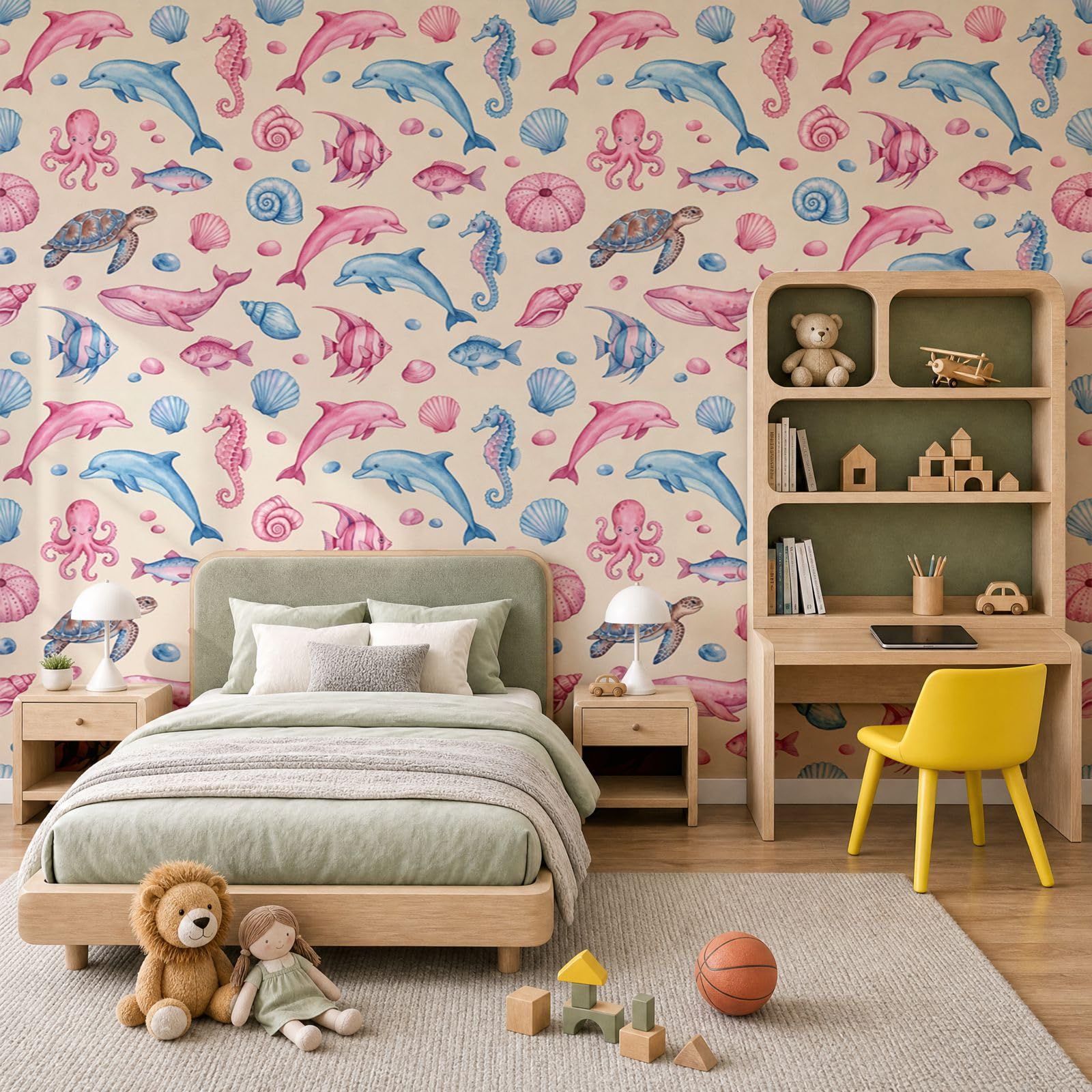 Papier peint panoramique dessin animé marine 450x315cm décor dauphins et tortue 9 lés pour chambre