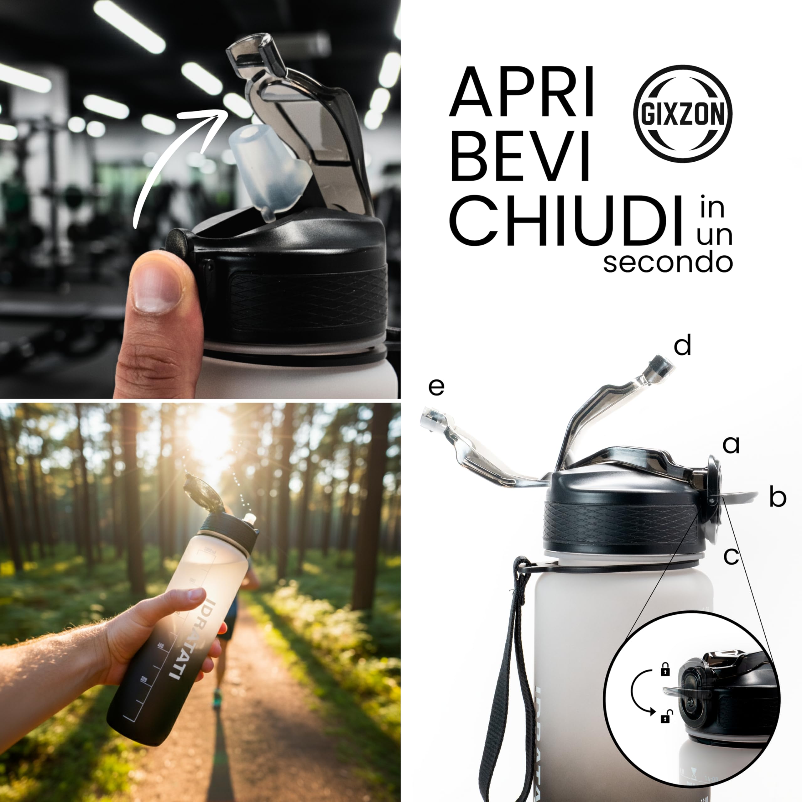 GIXZON Borraccia Motivazionale 1L in Tritan Senza BPA con Frasi e Orari in Italiano, Cannuccia e Tappo di Sicurezza, Perfetta per Sport, Palestra, Yoga e Scuola