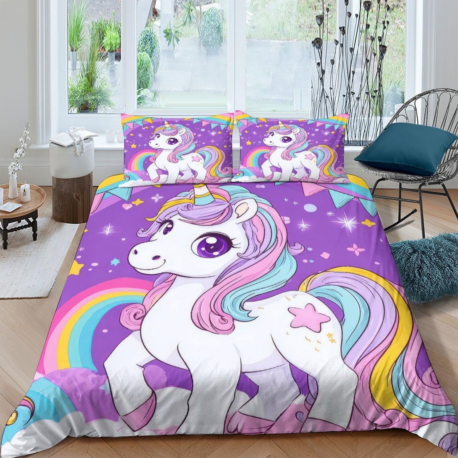 Ctjqhvkz Style-5 3D Printed Unicorn Rainbow Fitted Sheet Microfiber Soft Purple Cartoon Bed Cover For Bedroom Dorm Mattress Protection Decor Single（135X200cm）