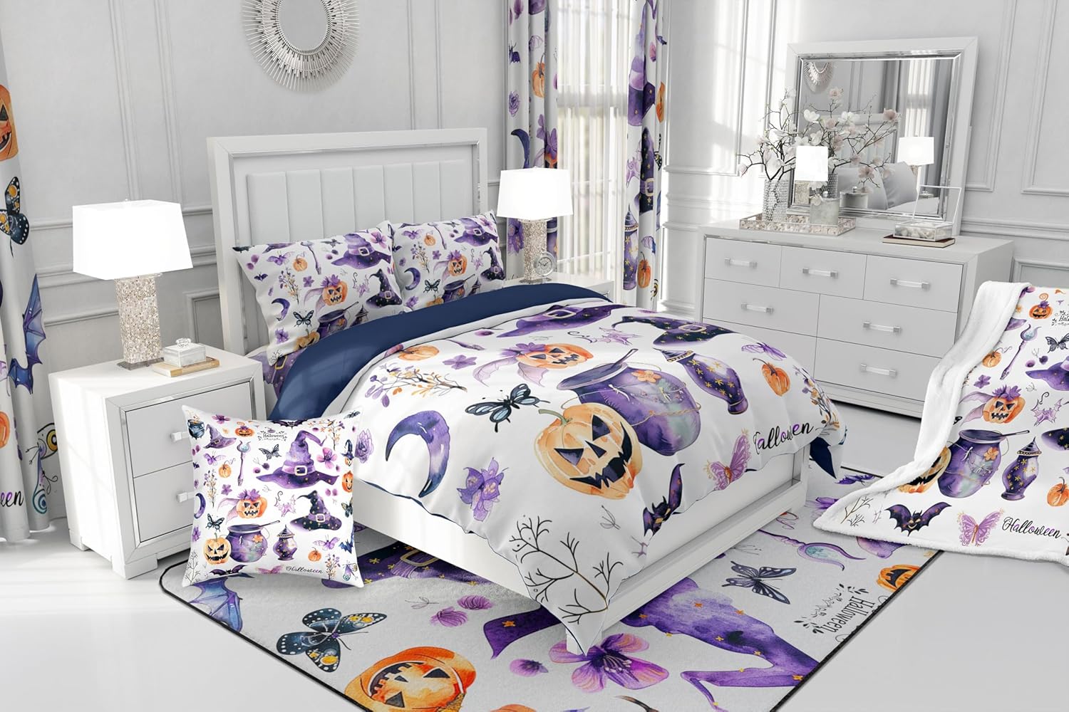 Feelyou Halloween Witch Hat Window Drapes Watercolor Cartoon Decor Curtains Boys Girls Pumpkin Bats Window Drapes Treatments Butterfly Flower Window Treatments, 52W X 90L,2 Panels