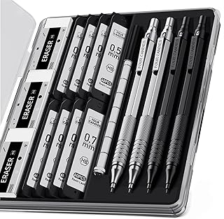 Four Candies 4PCS Metal Mechanical Pencils Set with Case, 0.5mm & 0.7 mm Artist Pencil with 8 Tubes (480PCS) HB Lead Refills, 3 Erasers,9 Eraser Refills For Writing Drafting, Drawing, Black & Sliver
