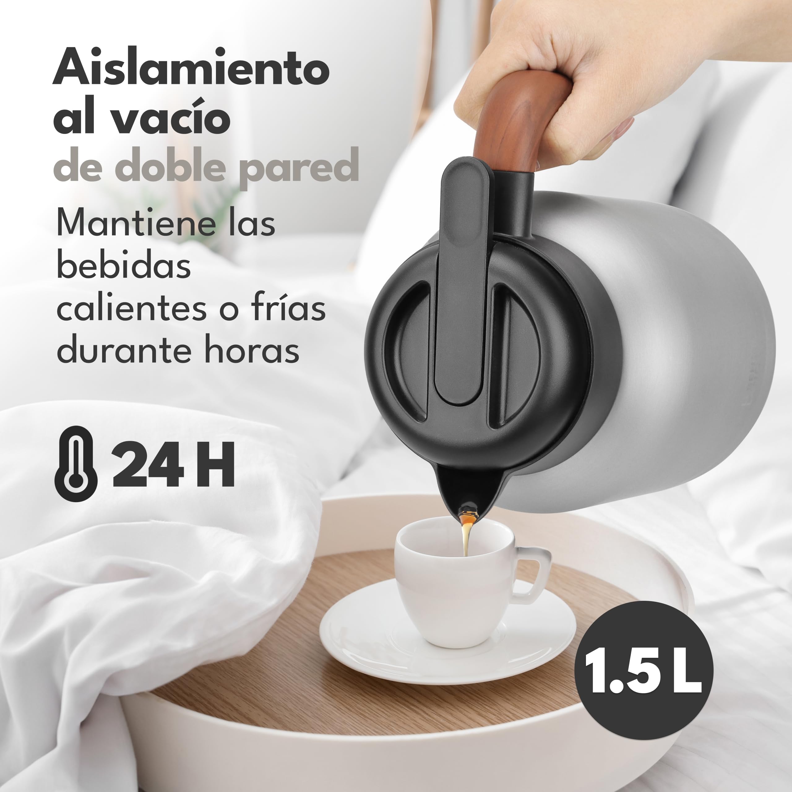 LEBENLANG Termo para cafe 1,5 l Gris - Revestimiento cerámico & sin BPA I Mantiene el calor durante 24 horas & incl. colador de té I Termos agua caliente Thermos café acero