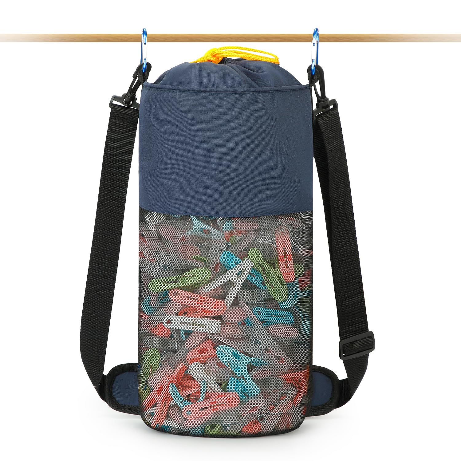 Bolsa para pinzas de la ropa, bolsa de malla para colgar pinzas de la ropa con gancho y correa para el hombro, contiene 500 pinzas de ropa, portátil, bolsa de secado rápido, azul oscuro