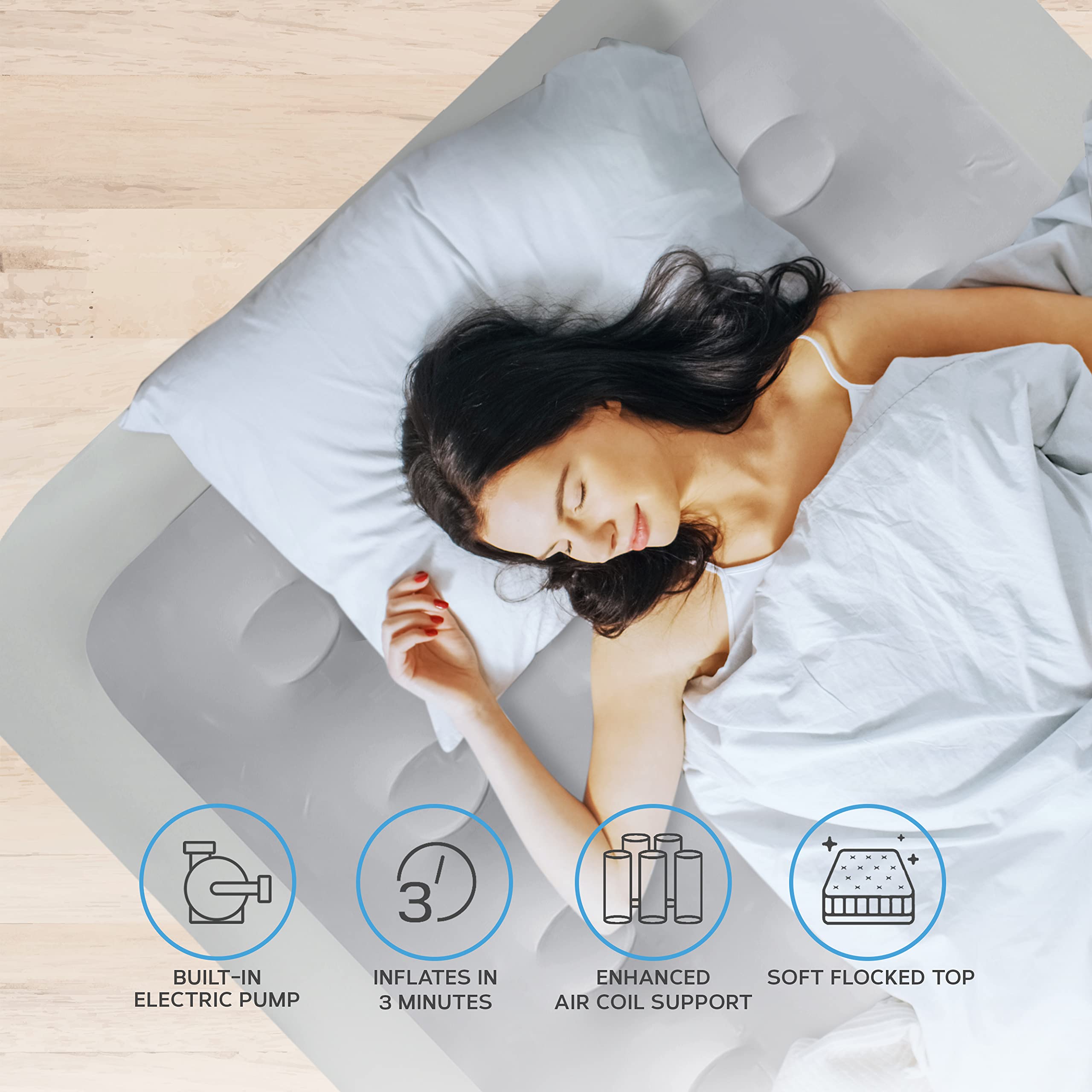 Get Fit Air Bed With Built In Electric Pump - Premium Single Airbed Quick Blow Up Bed With Headboard Free Inflatable Pillow Elevated Inflatable Air Mattress For Outdoor Camping Navy White