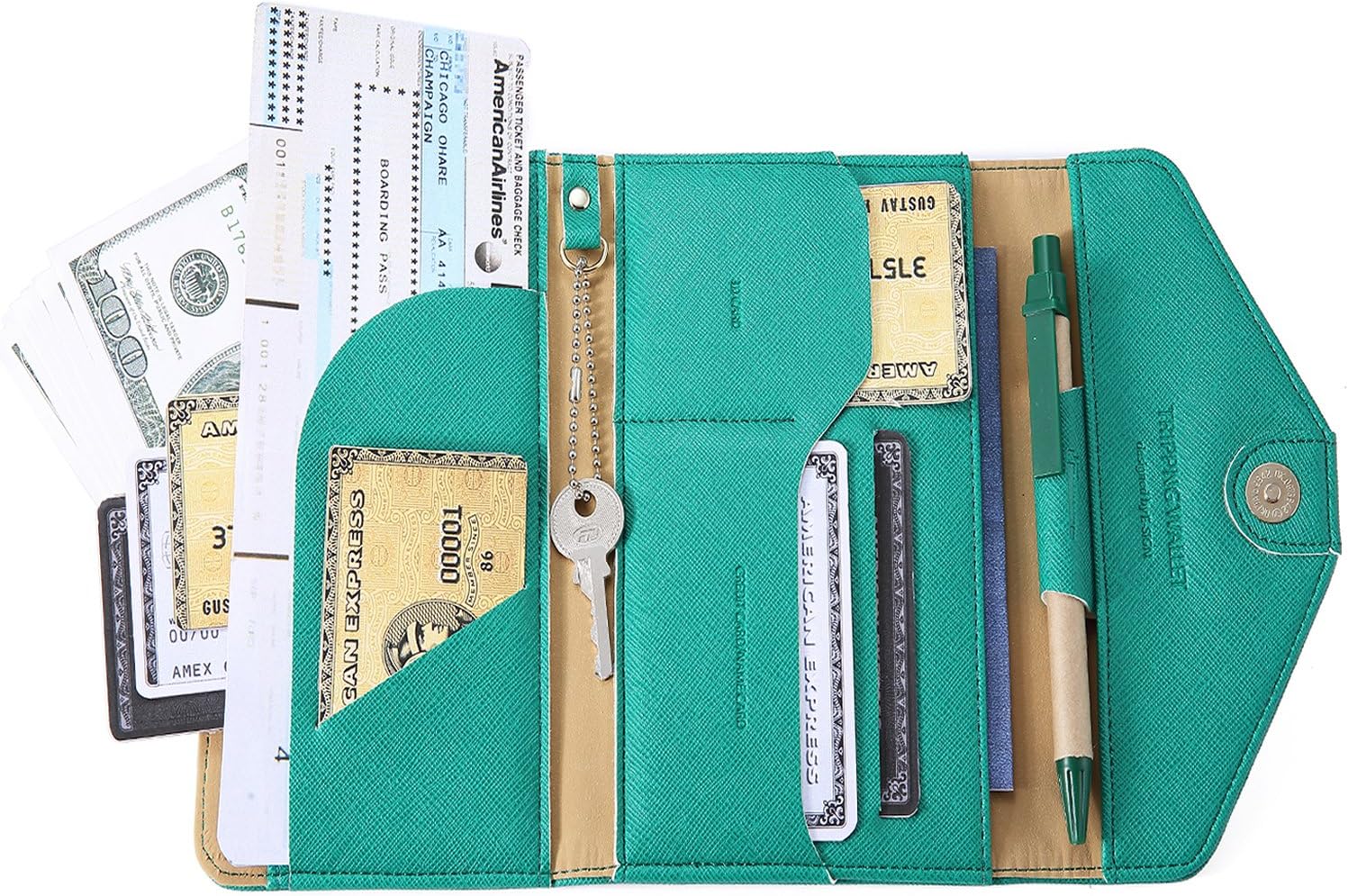 Travel Passport Wallet Trifold Envelope Document Organizer Holder With Free Pen (Green)