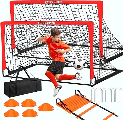 Porterías de fútbol para niños para patio trasero, 2 de 6 x 4 pies, red de fútbol para niños con 10 conos de fútbol, escalera de agilidad y bolsa de