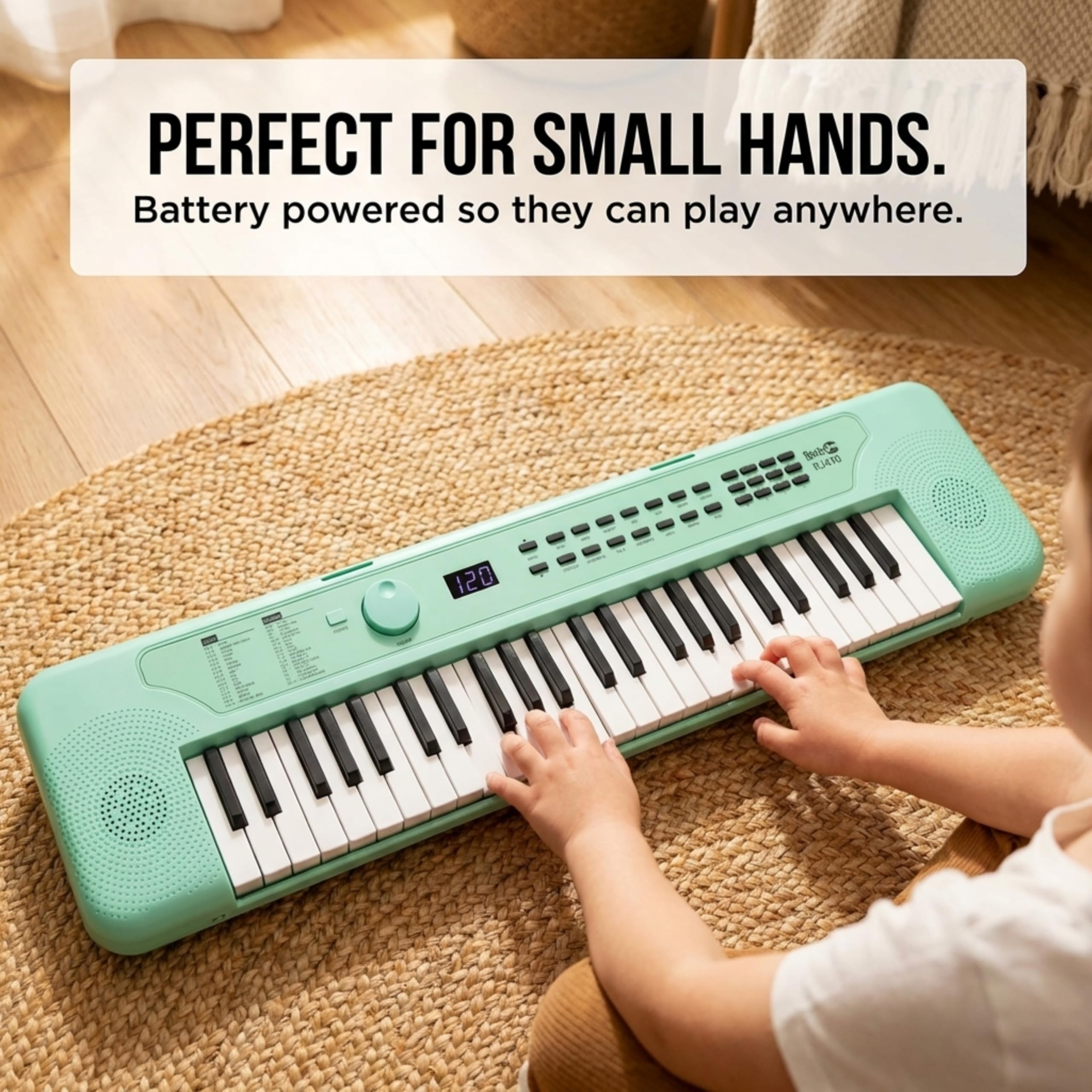 RockJam RJ490MG Mini Teclado Piano de 49 Teclas, Sintetizador Electrónico Portátil Verde menta con USB-C, Altavoces, Jack de Auriculares, 200 Tonos y Ritmos
