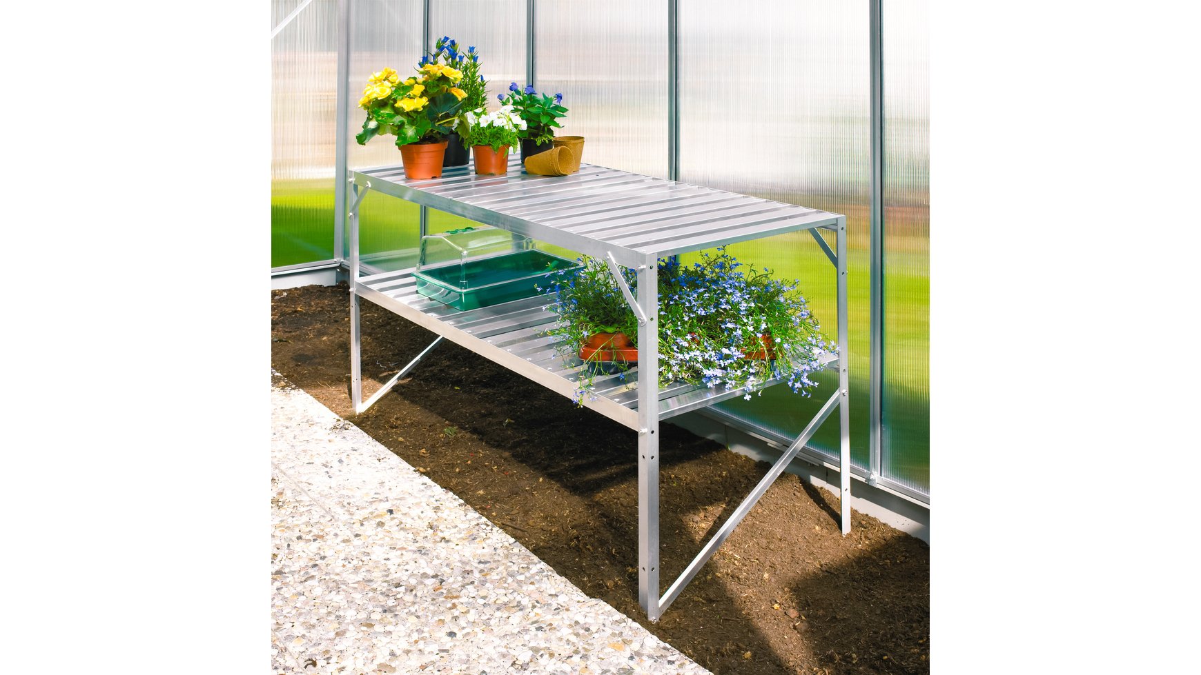 Tisch mit 2 Ablagen aus Aluminium, natur eloxiert, L 120 x 52 x H. 76 cm
