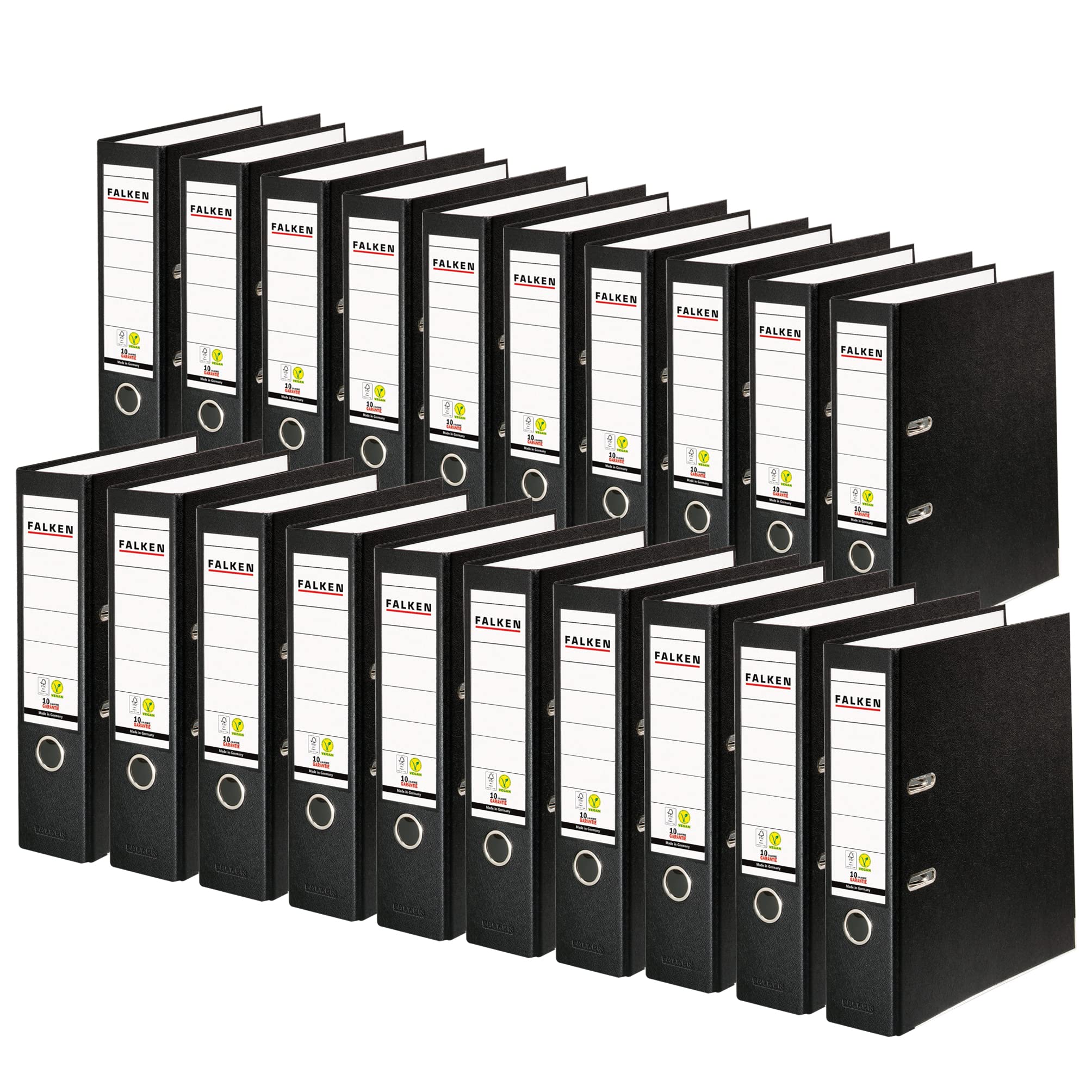 Original Falken 20er Pack PP-Color Kunststoff-Ordner. Made in Germany. 8 cm breit DIN A4 schwarz Ringordner Vegan Aktenordner Briefordner Büroordner Plastikordner Schlitzordner