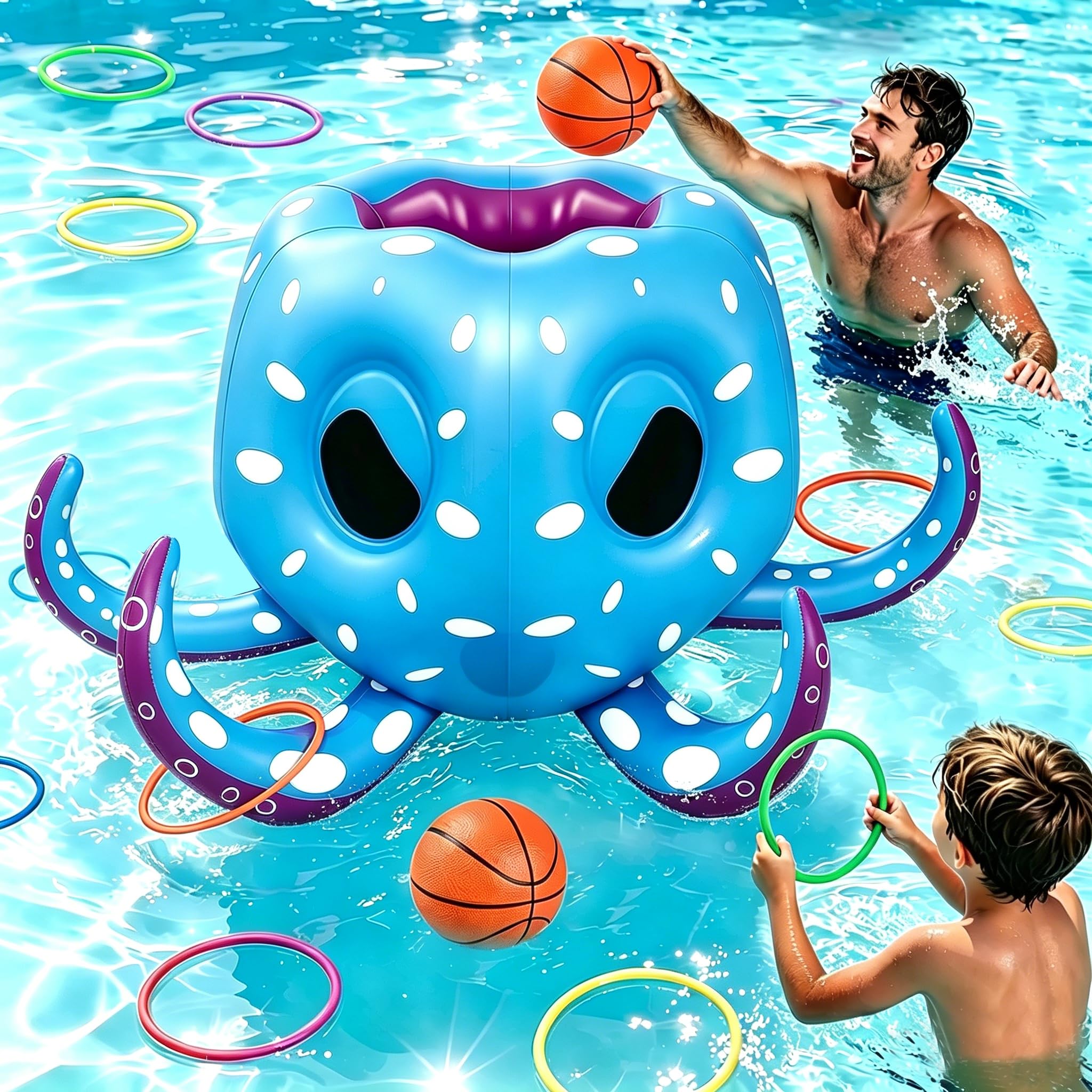 Juego de Piscina Hinchable Pulpo Niños, 2-en-1 Canasta de Baloncesto & Lanzamiento de Anillas, Juego Acuático Verano Playa, Regalo Cumpleaños para Niños Adultos Familia