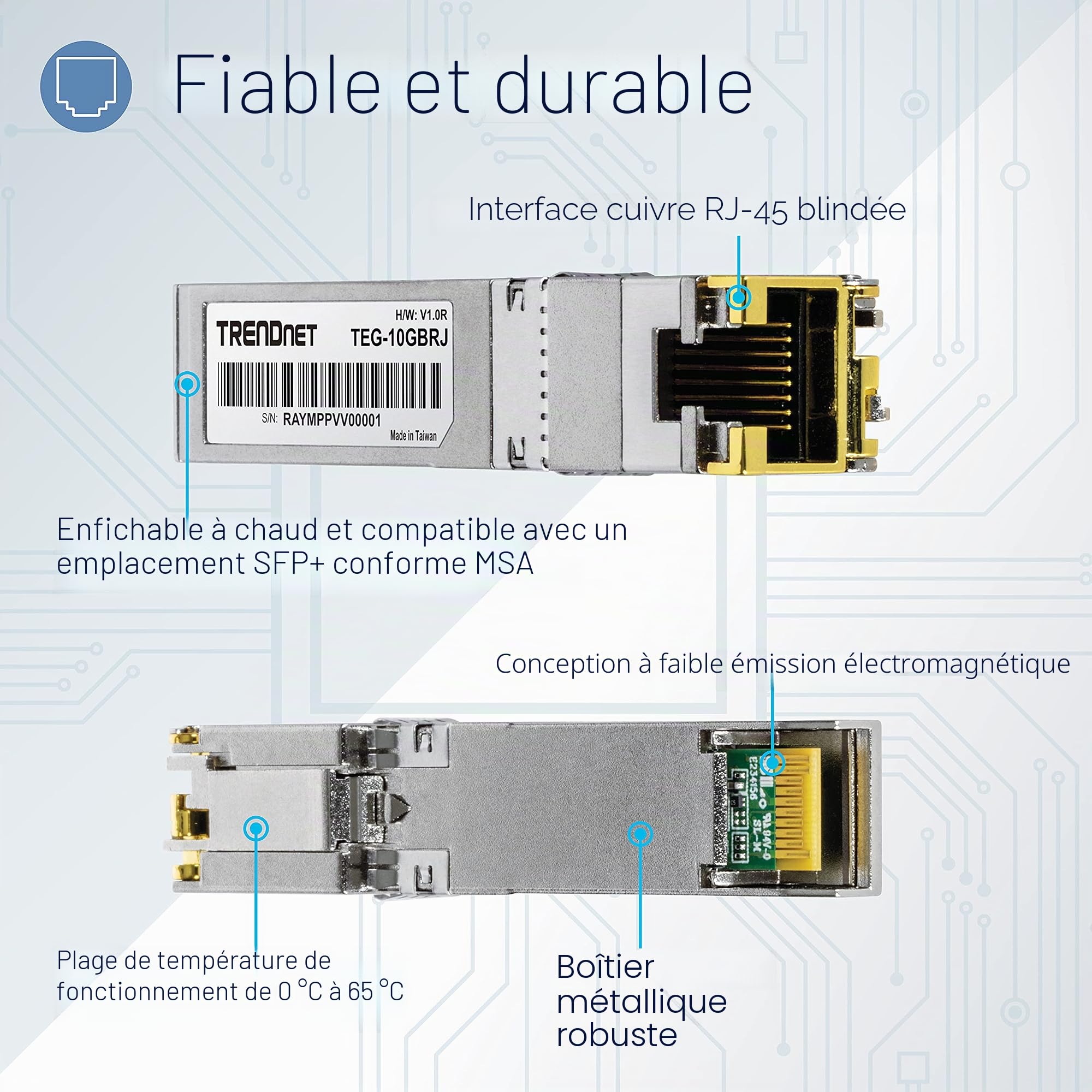 TRENDnet Module SFP+ en cuivre RJ-45 10 G, convertit Un Emplacement SFP+ Standard en Un Port RJ-45 Multi-Gigabit, connecte des appareils jusqu'à 30 m, branchable à Chaud, argenté, TEG-10GBRJ