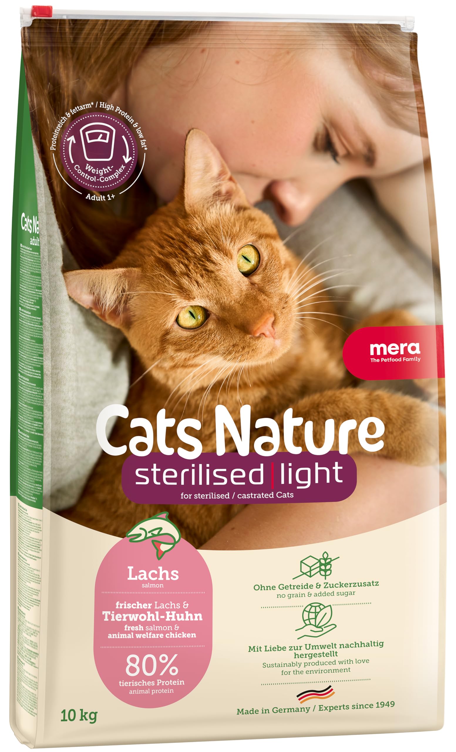 MERA Cats Nature Sterilised/Light Lachs Katzenfutter Trocken 10kg für sterilisierte/kastrierte Katzen | Getreidefrei & zuckerfrei | fettarmes Katzen Trockenfutter hoher Fleischanteil