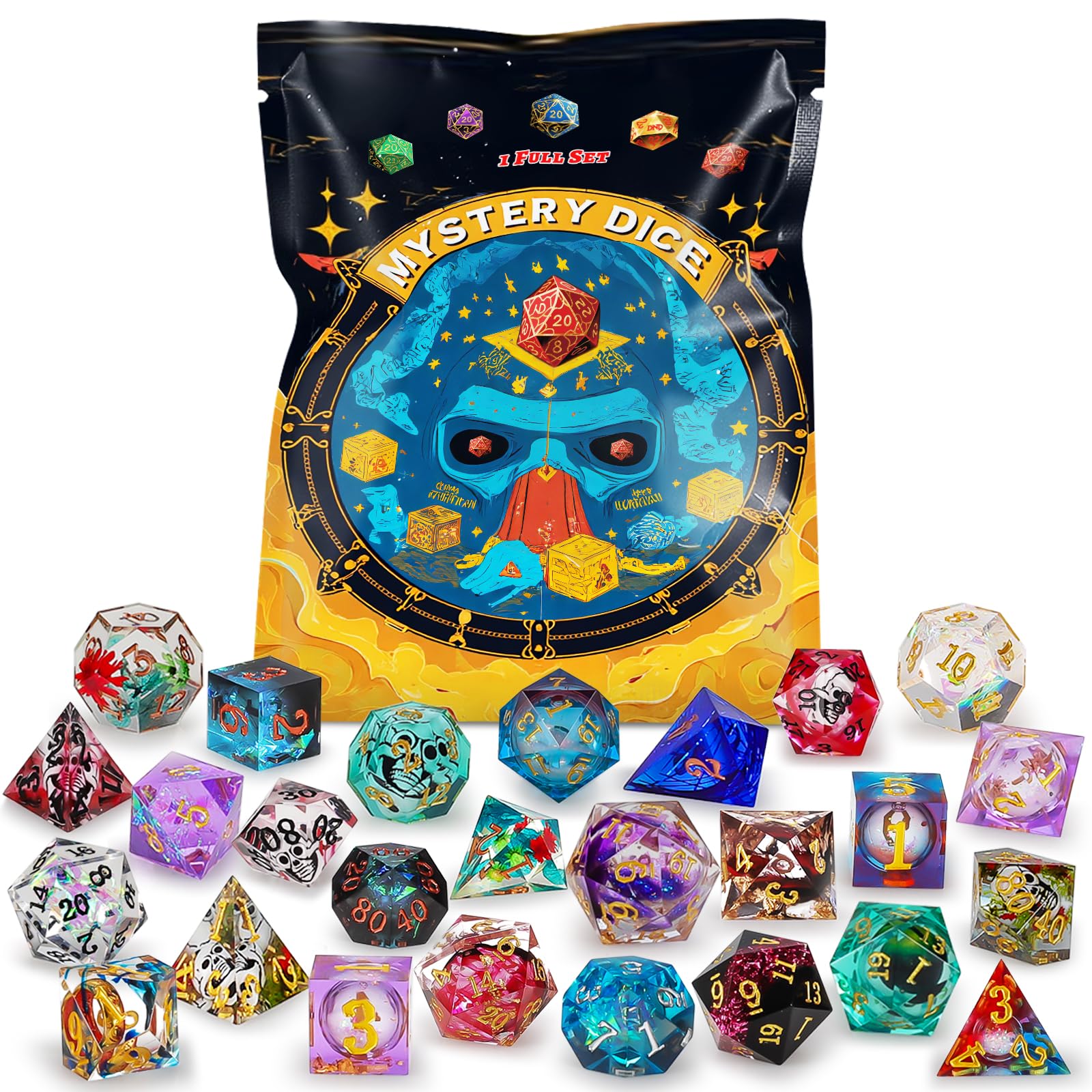 QMAY Mystery Dice, Set of 7 Polyhedral Resin Dice, Random Style for Dungeon and Dragons MTG Table Games RPG DND D20 D12 D10 D% D8 D6 D4