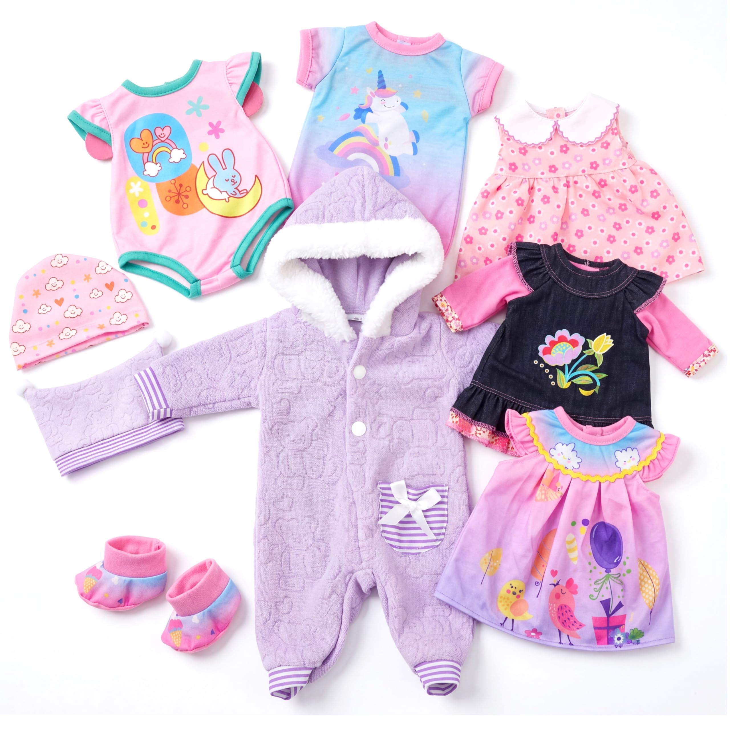 BiBi Doll Set of 6 Baby Doll Clothes - 12" to 16" Unicorn, Bunny & Floral Outfits - Toys & Accessories for Christmas & Birthday Gifts, Boys & Girls Aged 3 Years+