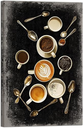 iHAPPYWALL Arte de pared de café grande para cocina, comedor, taza vintage de café con cuchara, para decoración moderna de pared de bar, listo para