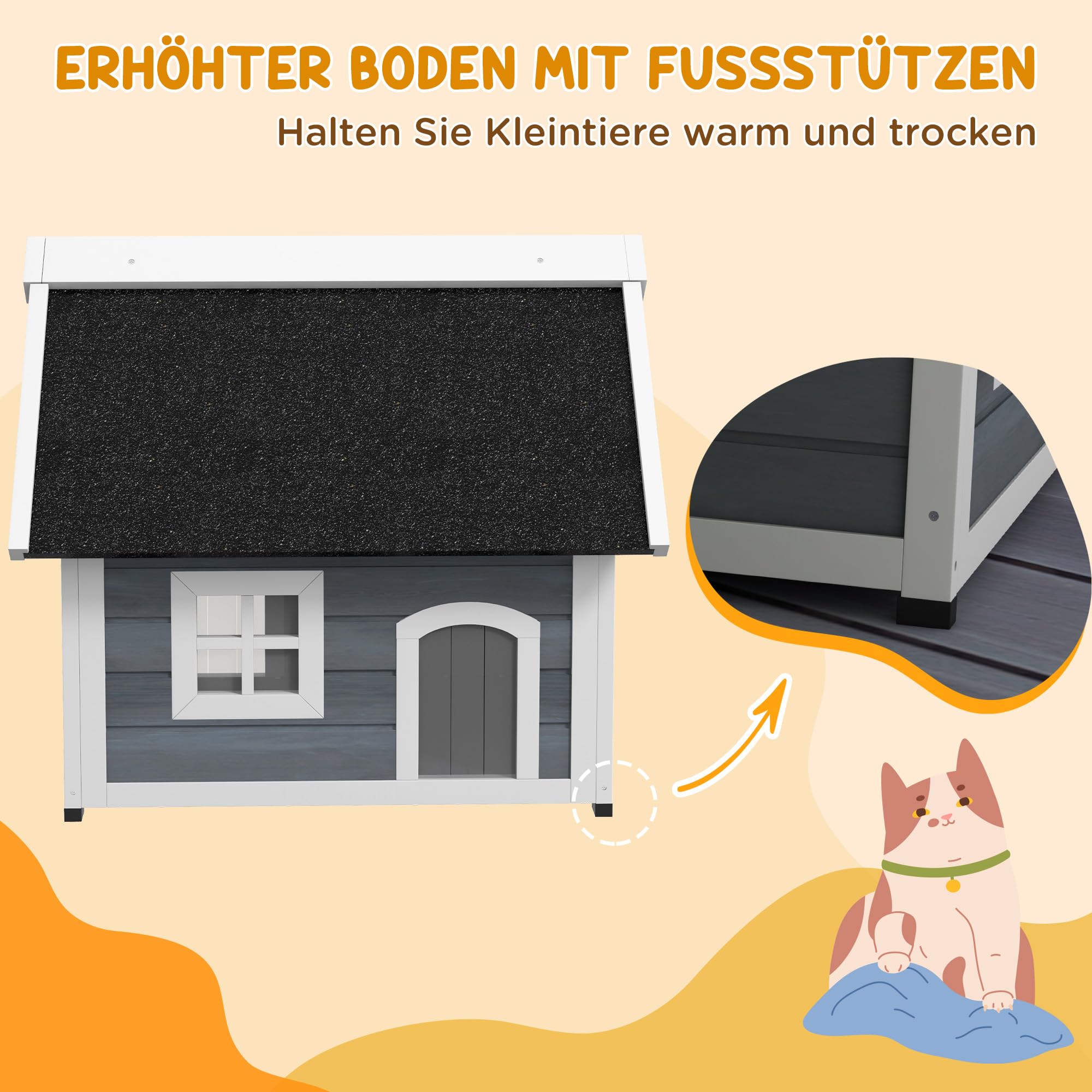 PawHut Katzenhaus aus Holz Winterfest für Katze 77 x 57,5 x 68 cm Grau | Katzenhöhle für Draußen, Wetterfest Katzenhütte, Aufklappbar Asphaltdach, Fenster, 3 Türen, Schutzhütte bis 5 kg