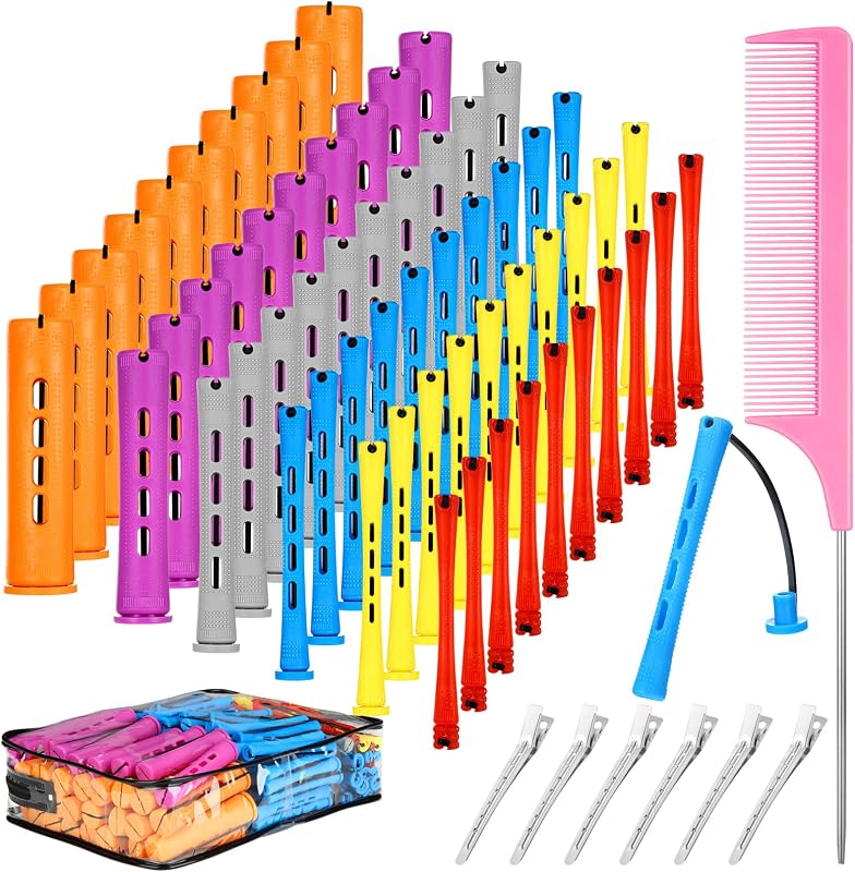 68 Pcs Hair Perm Rods Set - 6 Sizes Plastic Cold Wave Rods with Rat Tail Combs Hair Styling Clips, Perming Rods for Long Short Natural Hair Hairdressing Tools