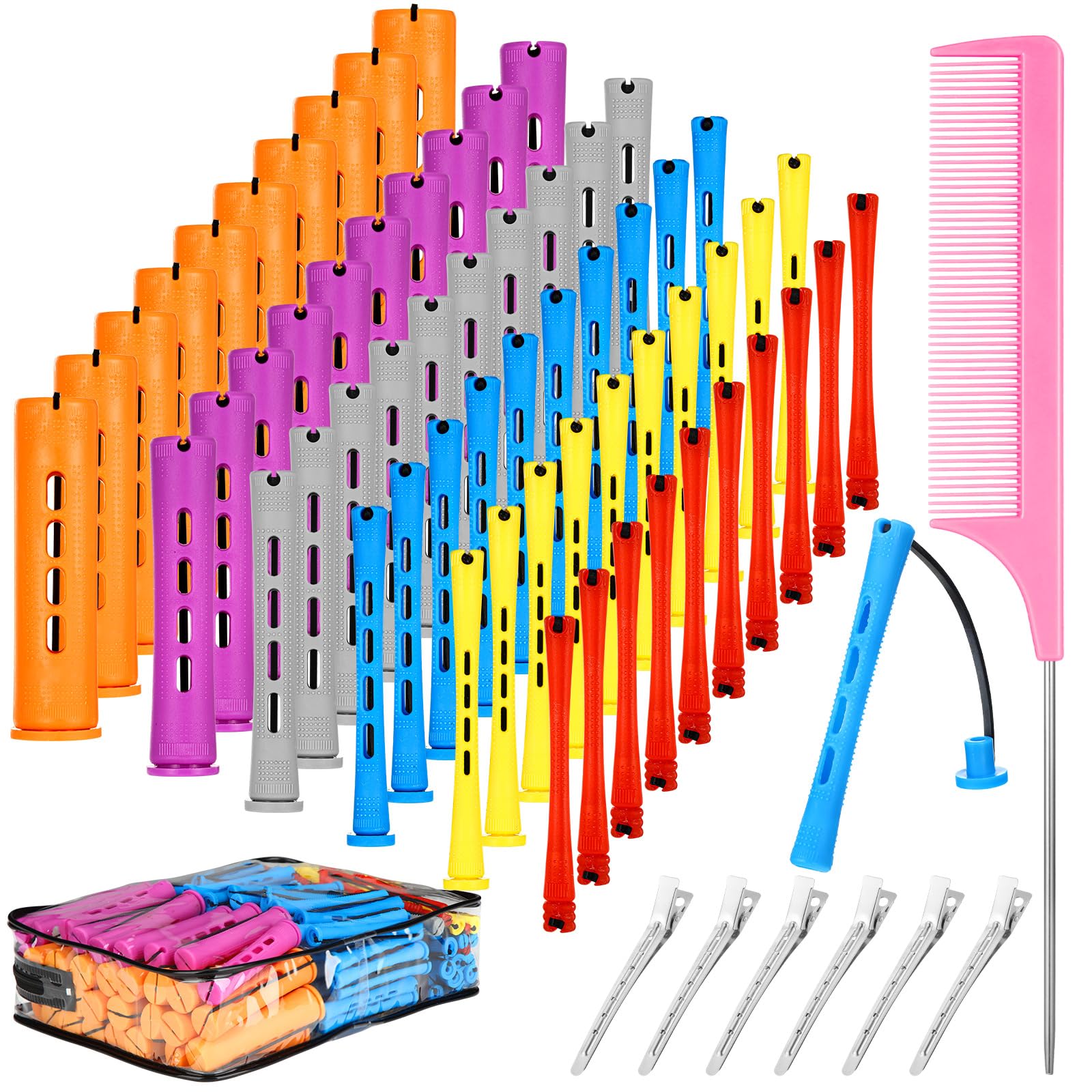 Juego de 68 varillas de permanentes para el cabello, 6 tamaños, varillas de plástico con ondas frías con peines de cola de rata, pinzas de peinado para cabello largo y corto, herramientas de